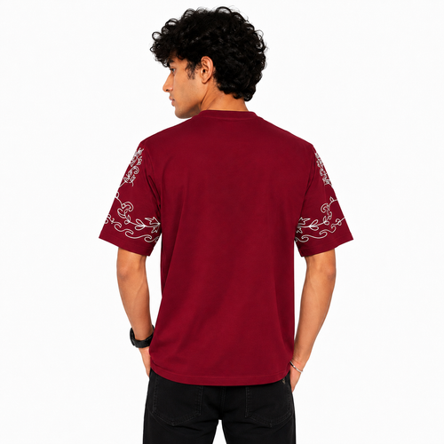 Burgundy Oversized Fi Sleeve T-Shirt | Graphic Street Style | (ColourCode - #7e1826)