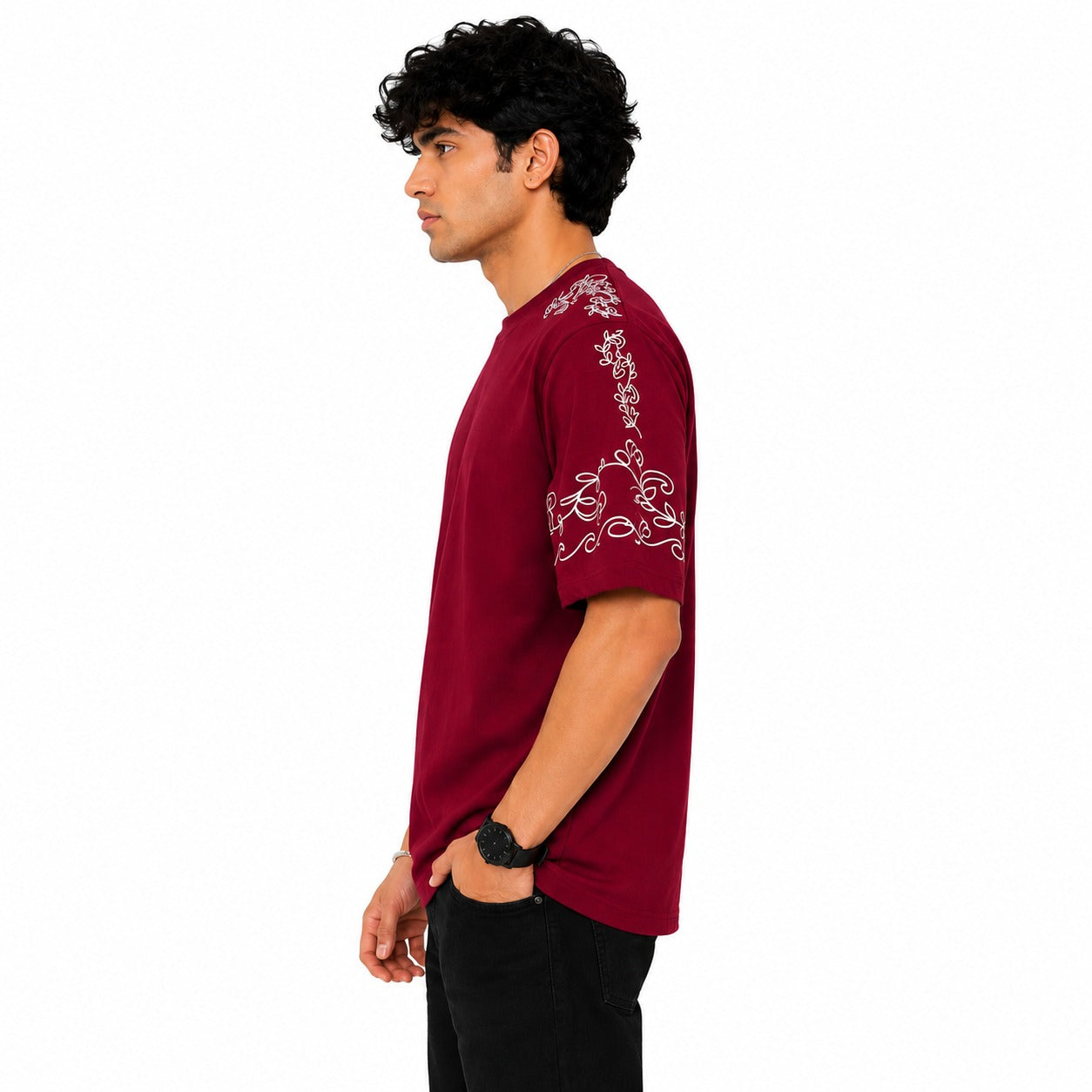 Burgundy Oversized Fi Sleeve T-Shirt | Graphic Street Style